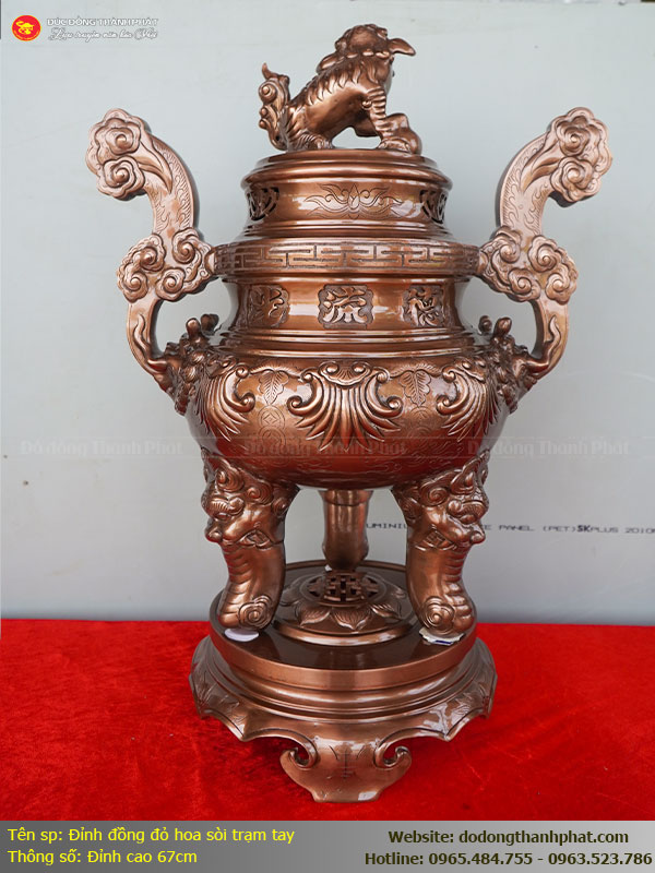 Bộ Ngũ Sự Hoa Sòi Đồng Đỏ Cao 67cm Đúc Thủ Công