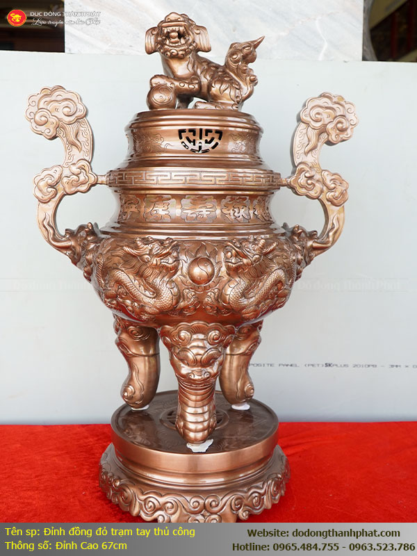 Bộ Tam Sự Đỉnh Hạc Song Long Chầu Nguyệt Đồng Đỏ chạm tay