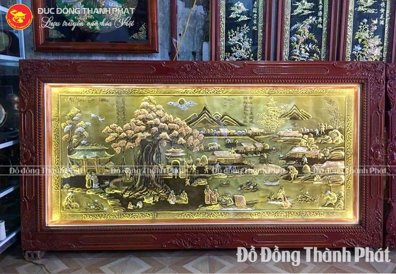 Tranh Cội Nguồn Quê Hương Bằng Đồng Khung Gỗ Sồi