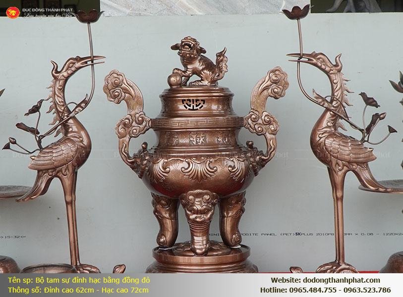 Bộ Tam Sự Đỉnh Hạc Hoa Sòi Đồng Đỏ Chạm Tay
