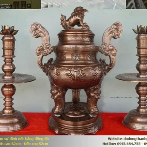 Bộ Tam Sự Đỉnh Nến Hoa Sòi Bằng Đồng Đỏ Chạm Tay