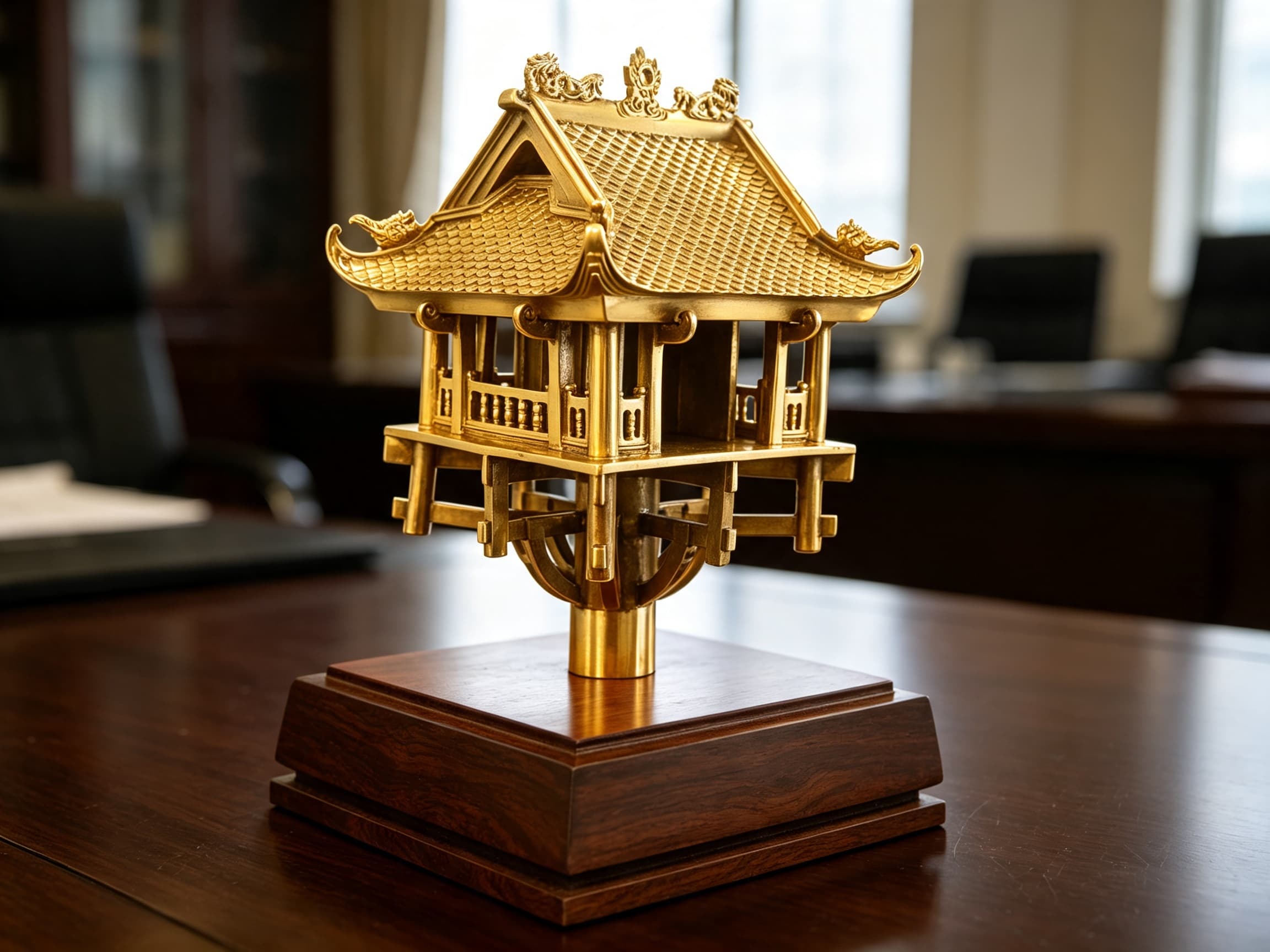 Mô hình Chùa Một Cột bằng đồng mạ vàng 24K — biểu tượng bình an dài lâu, phúc lộc tròn đầy