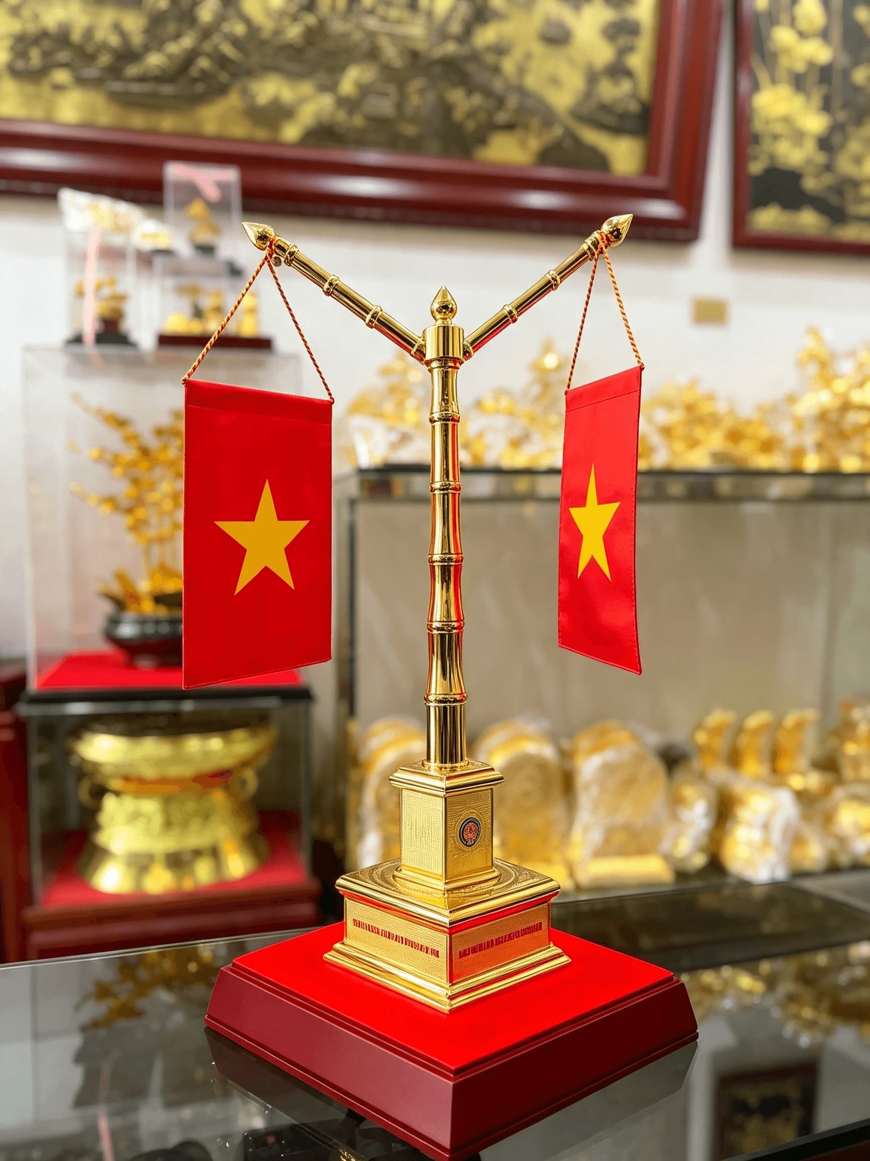 Cột cờ bằng đồng để bàn làm việc đế vuông