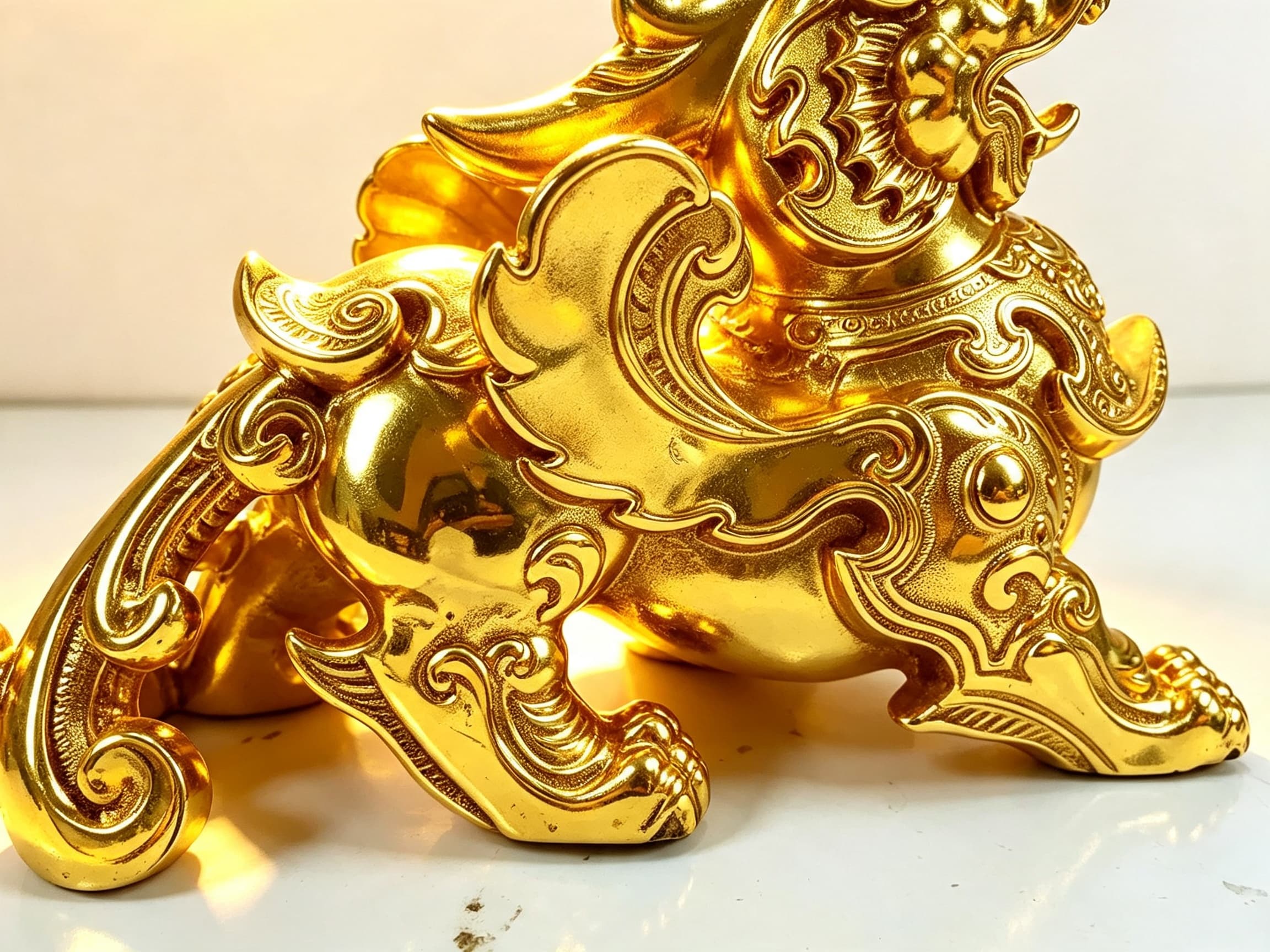 Hoa văn chi tiết Tỳ Hưu mạ vàng 24K — Tỳ Hưu không có hậu môn, chỉ hút vàng bạc mà không bao giờ nhả ra, tượng trưng đón tài lộc và giữ của cải vẹn toàn