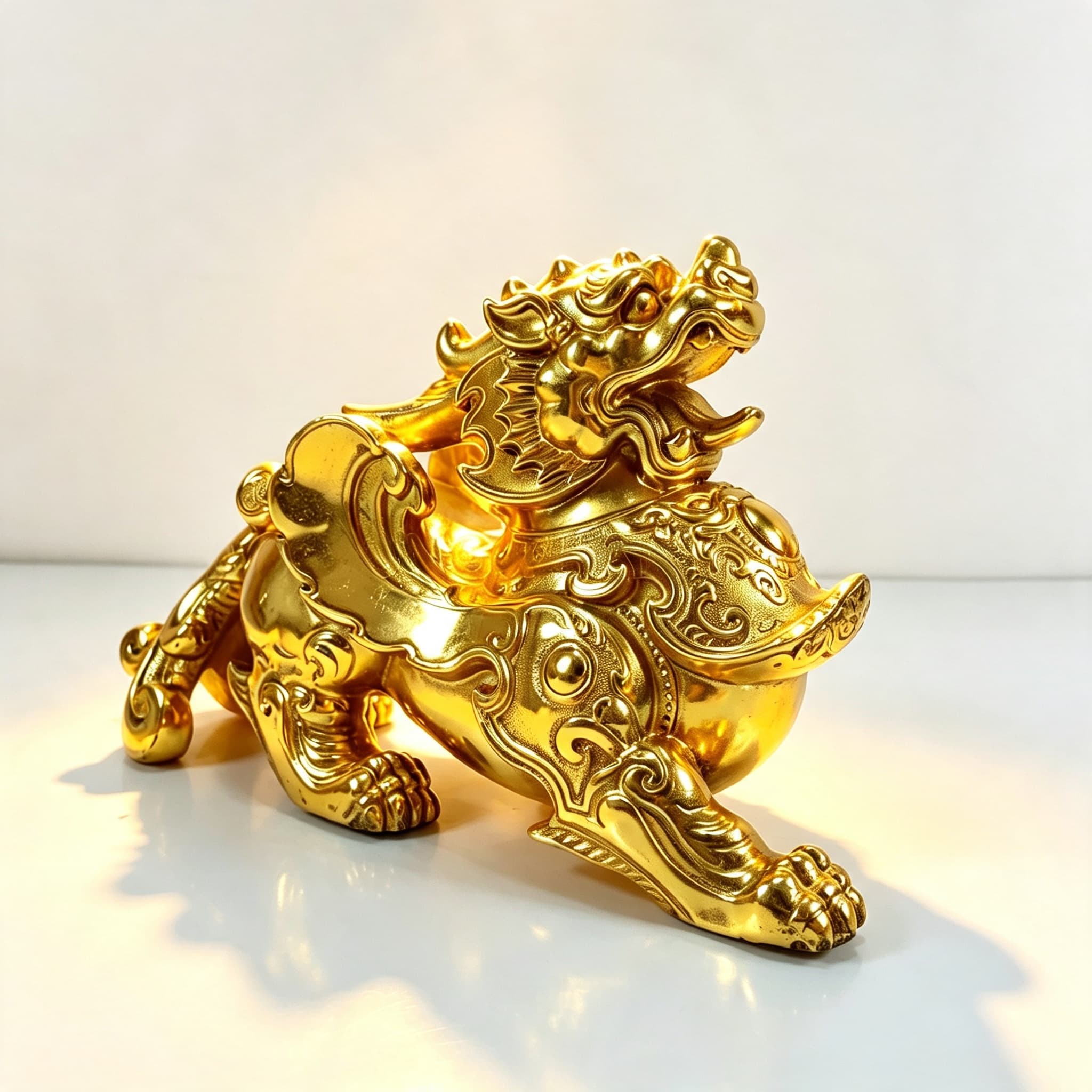 Tượng Tỳ Hưu bằng đồng vàng thau, mạ vàng 24K sáng rực, chi tiết chạm khắc tỉ mỉ
